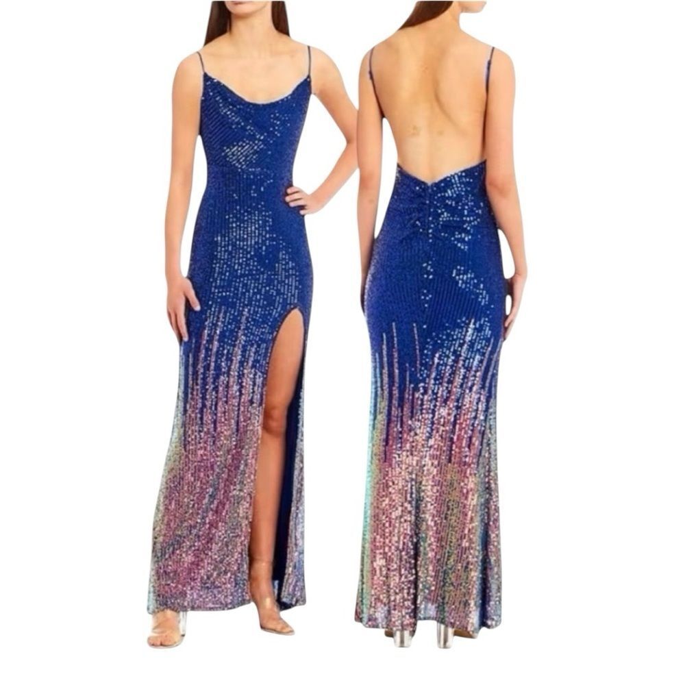 City Vibe Beautiful Ombre’ Sequin Gown Cowl Neck Low Back High Slit NWT